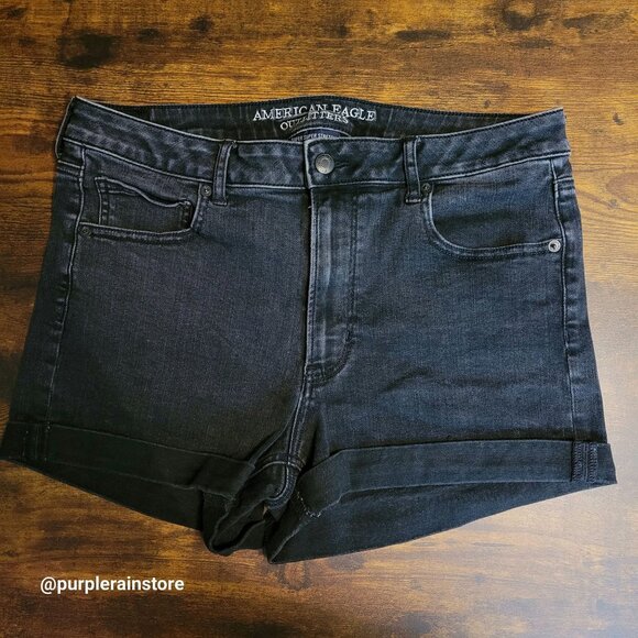 American Eagle Super Hi Rise Shortie Sz 14 Super Super Stretch Black Wash Denim - Picture 1 of 11